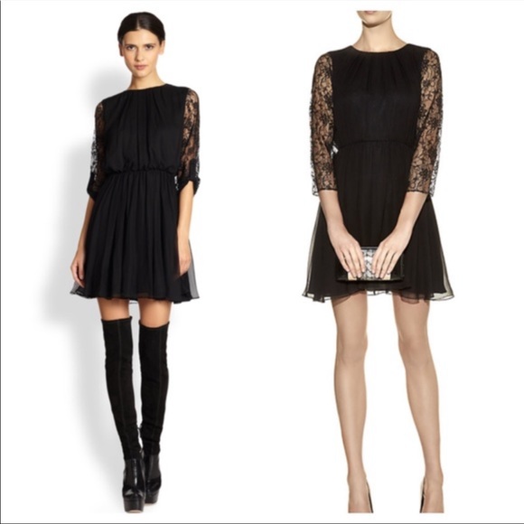 100%Silk Alice + Olivia Shirred Lace Sleeve Dress - Picture 4 of 16